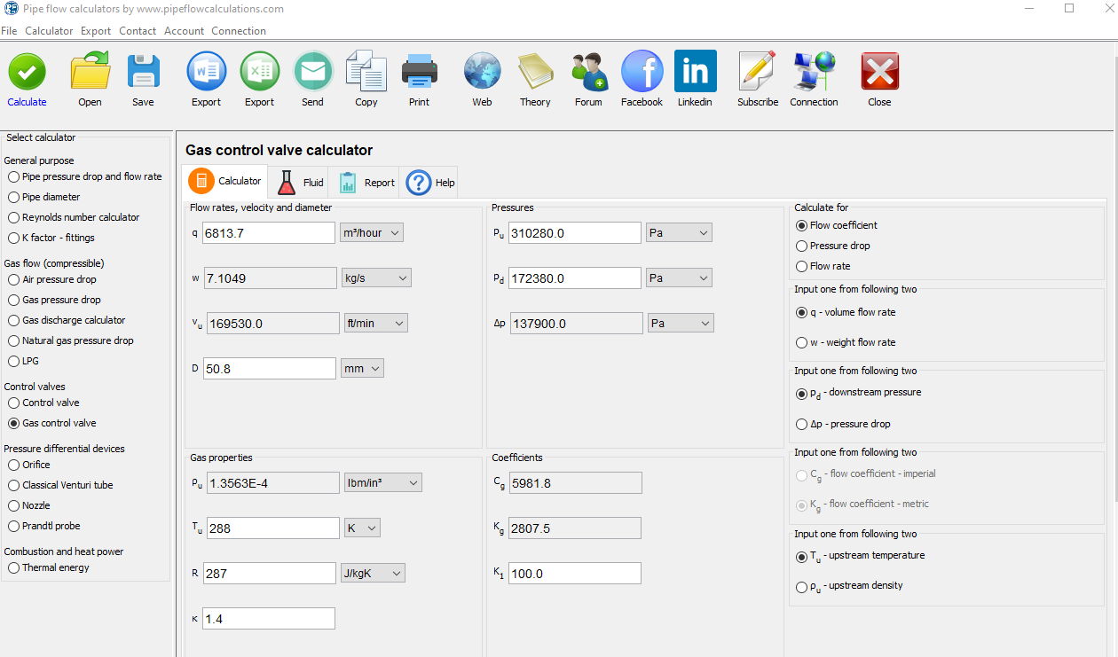 Gas control valve calculator